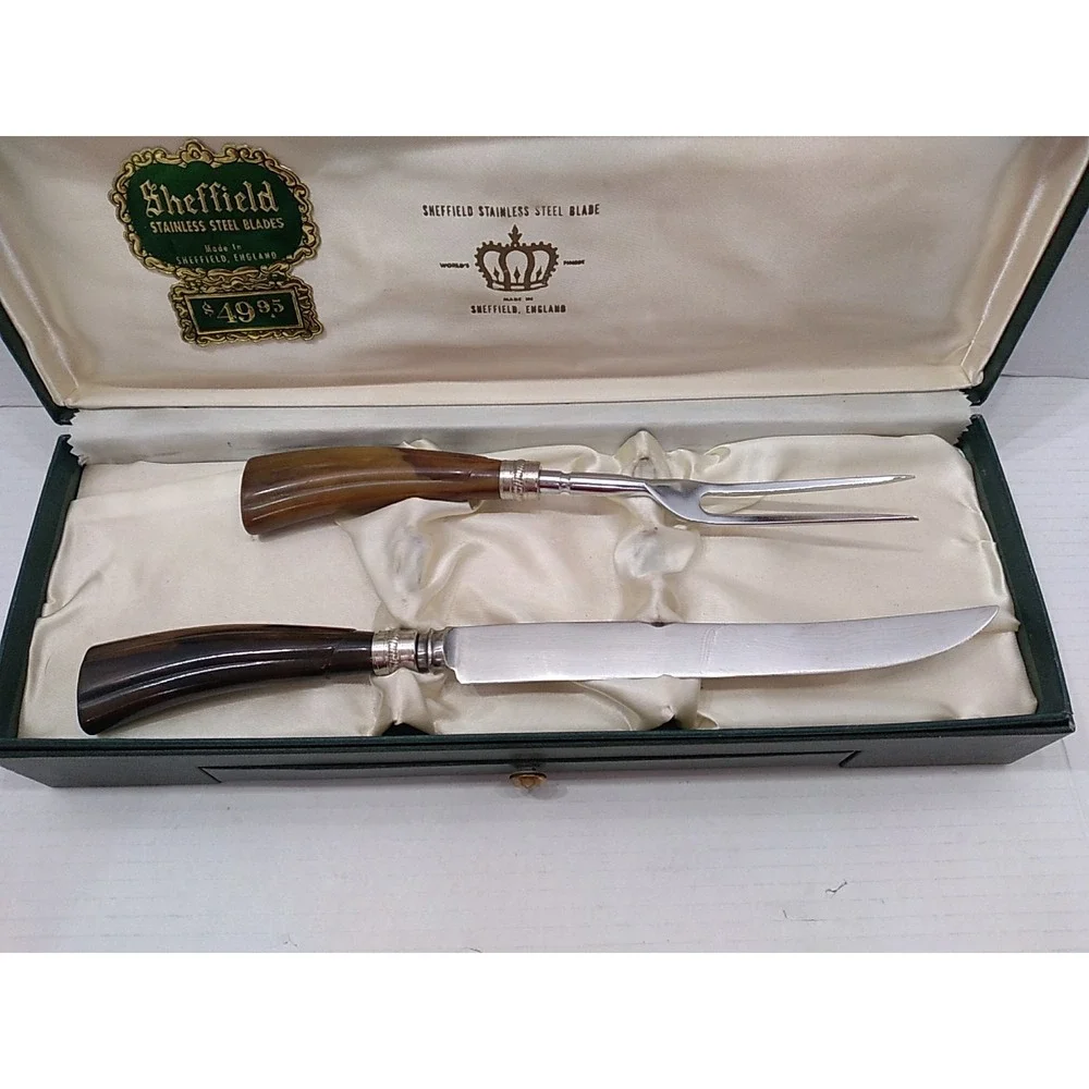 Vtg Sheffield 8 Piece Stainless Steel Carving Knife, Fork, Steak Knives W/ Case